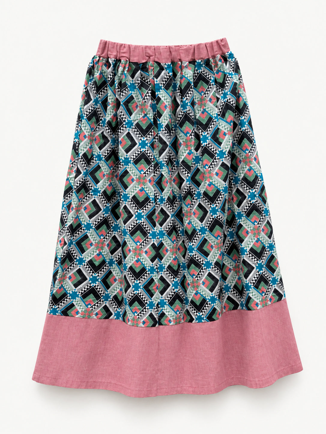 Geometric-print skirt with a raspberry-pink waistband and wide pink linen hem