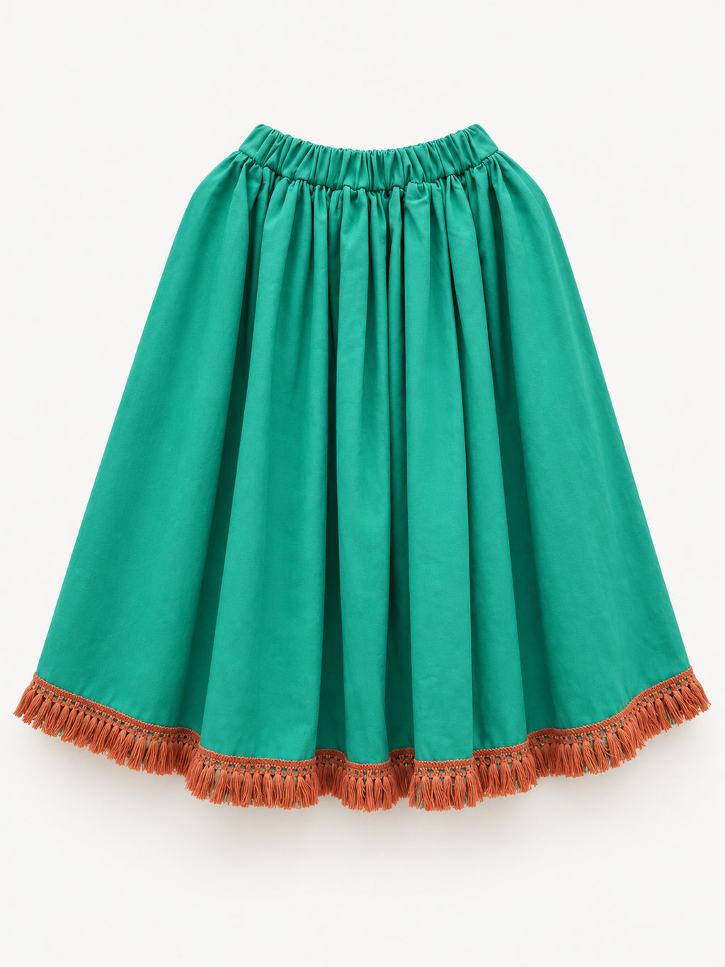 Bright green skirt with a multicoloured centre panel and orange tassel trim