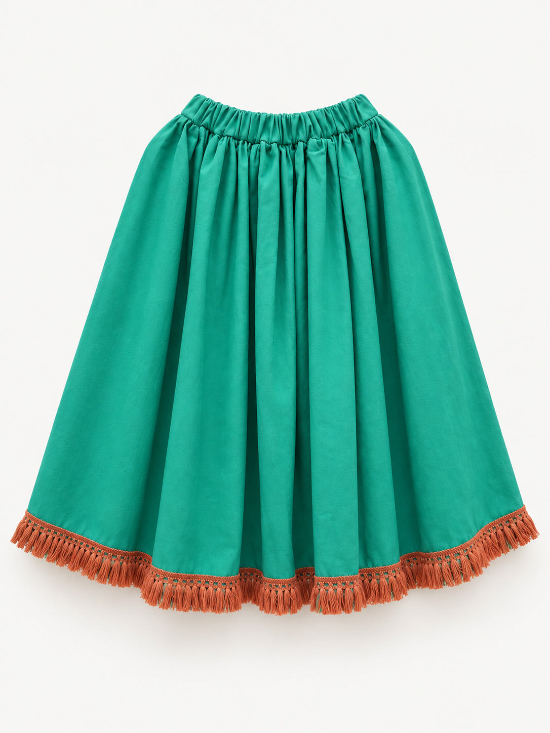 Bright green skirt with a multicoloured centre panel and orange tassel trim