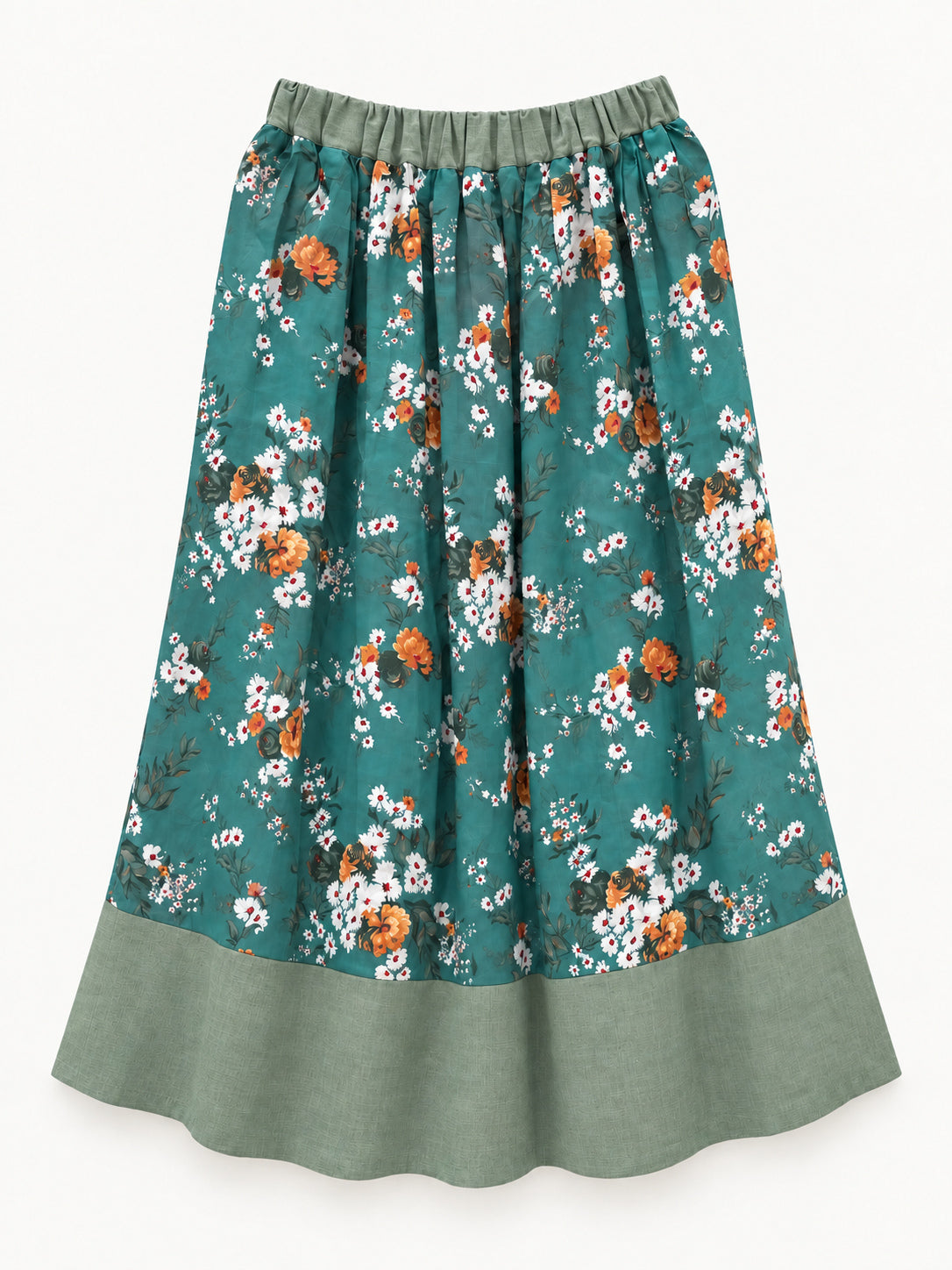 Full view of turquoise floral summer skirt with sage-green linen waistband and wide hem