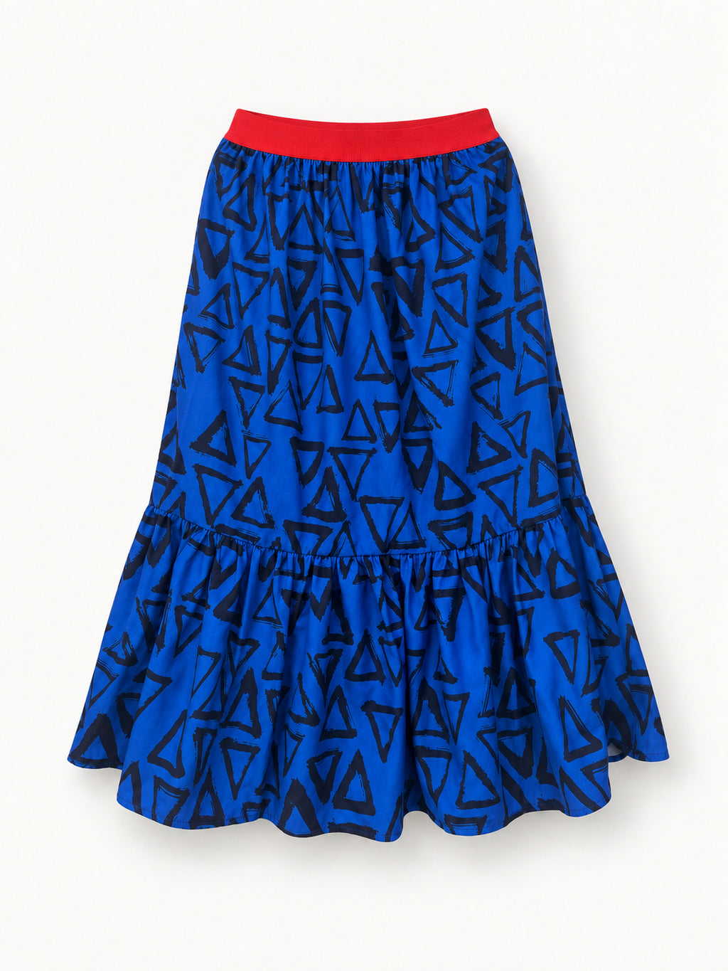 Haiku Skirt in blue with black painterly triangles and contrasting elastic waistband