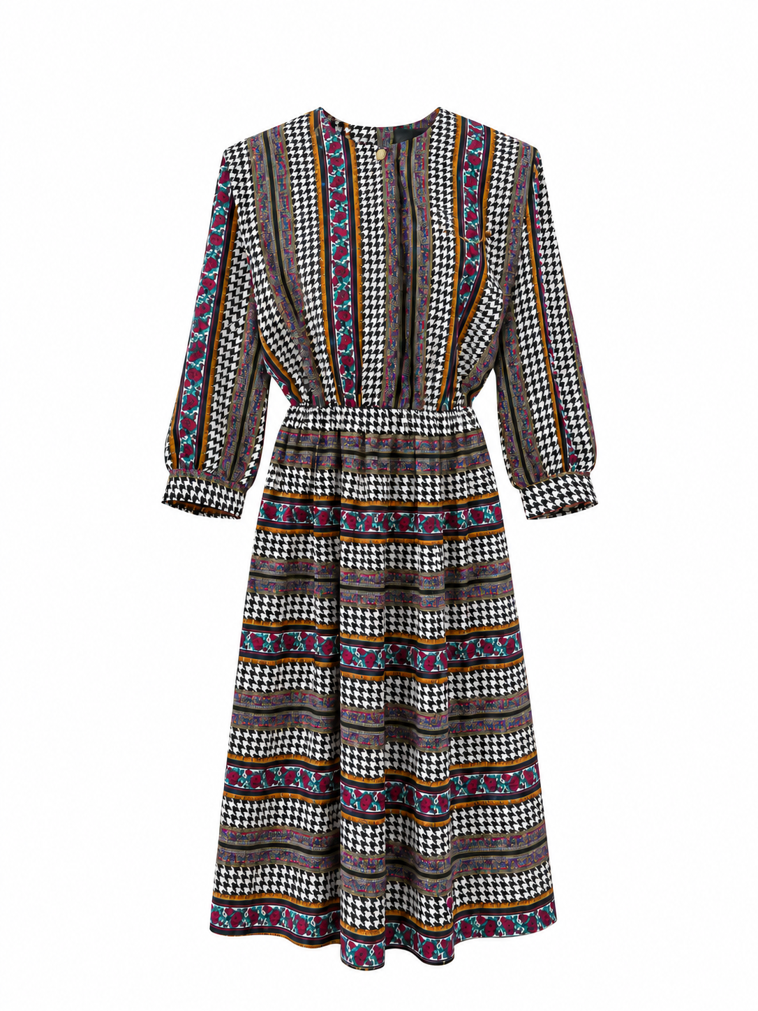 Houndstooth floral stripe vintage dress on white background