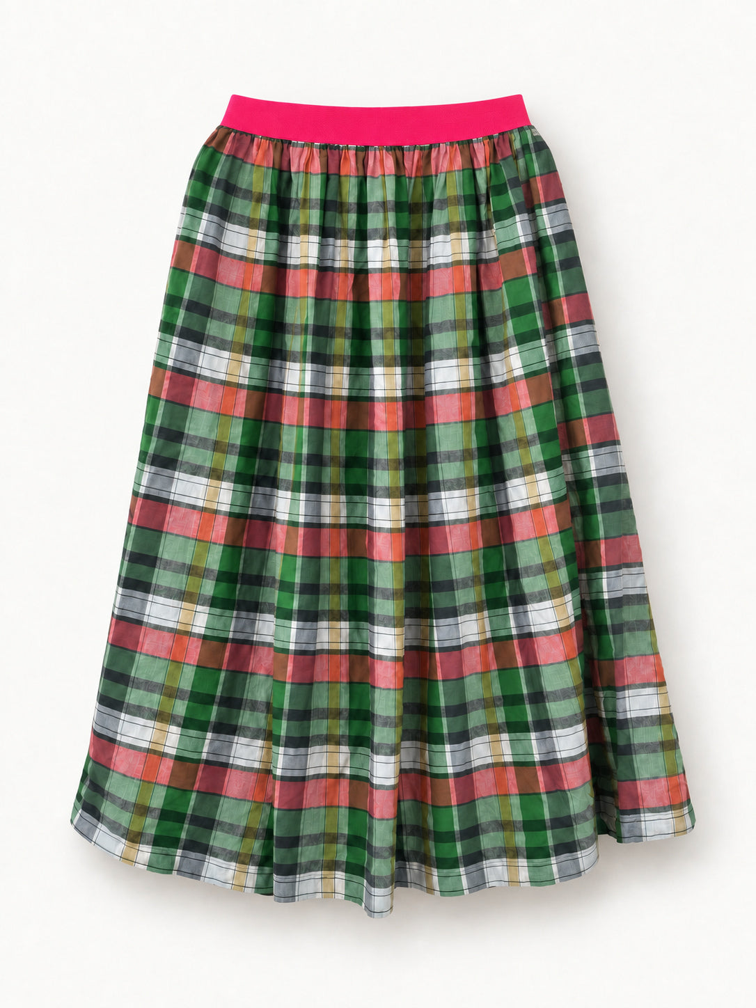 Inna’s Gift — green checked skirt with bright-pink elastic waistband