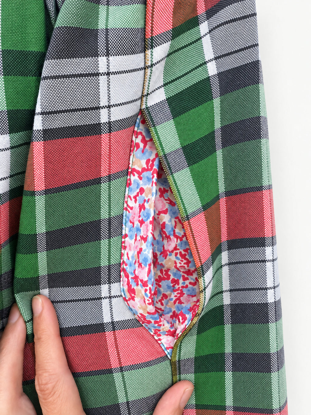 Inna’s Gift — checked fabric, pink waistband and floral pocket lining detail