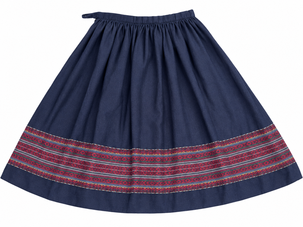 Navy wool skirt with red geometric border on white