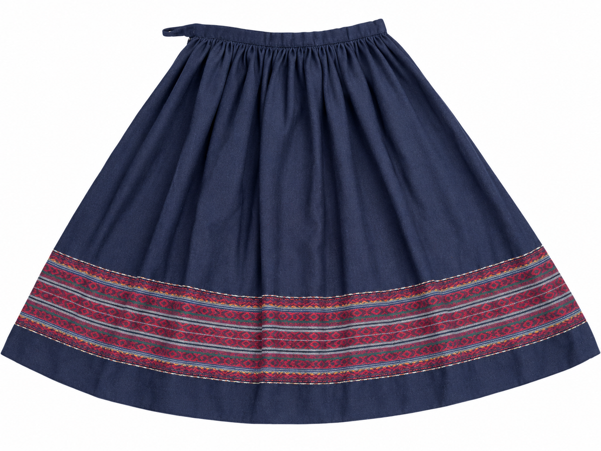 Navy wool skirt with red geometric border on white