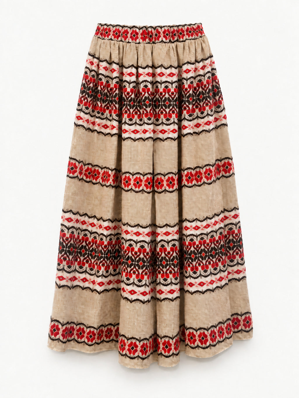 Beige tablecloth skirt with red and dark floral bands