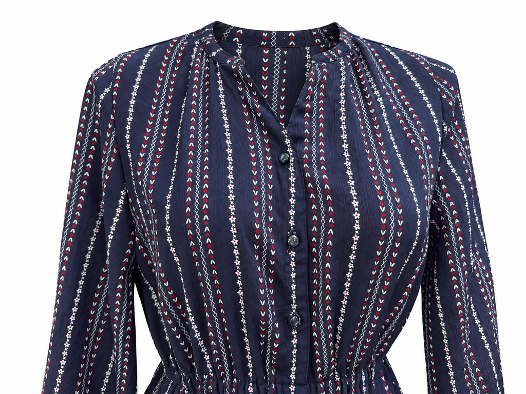 Navy Floral Stripe Vintage Dress — Neckline detail