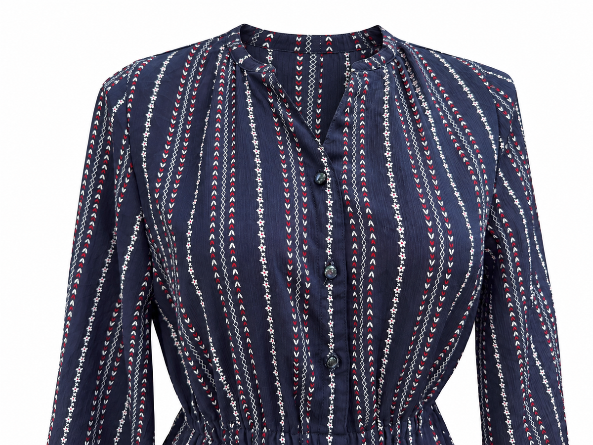 Navy Floral Stripe Vintage Dress — Neckline detail