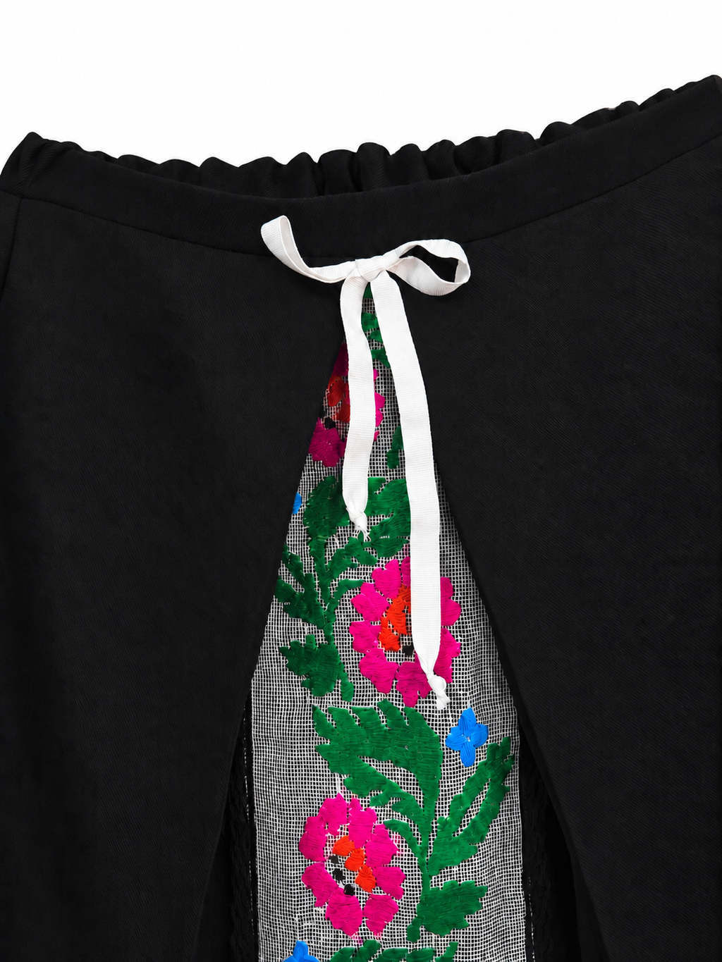 Black wool waistband, white ribbon and vintage floral embroidery