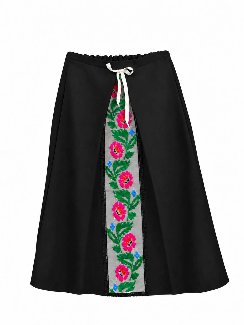 Black wool skirt with vintage Moldovan floral embroidery, front view