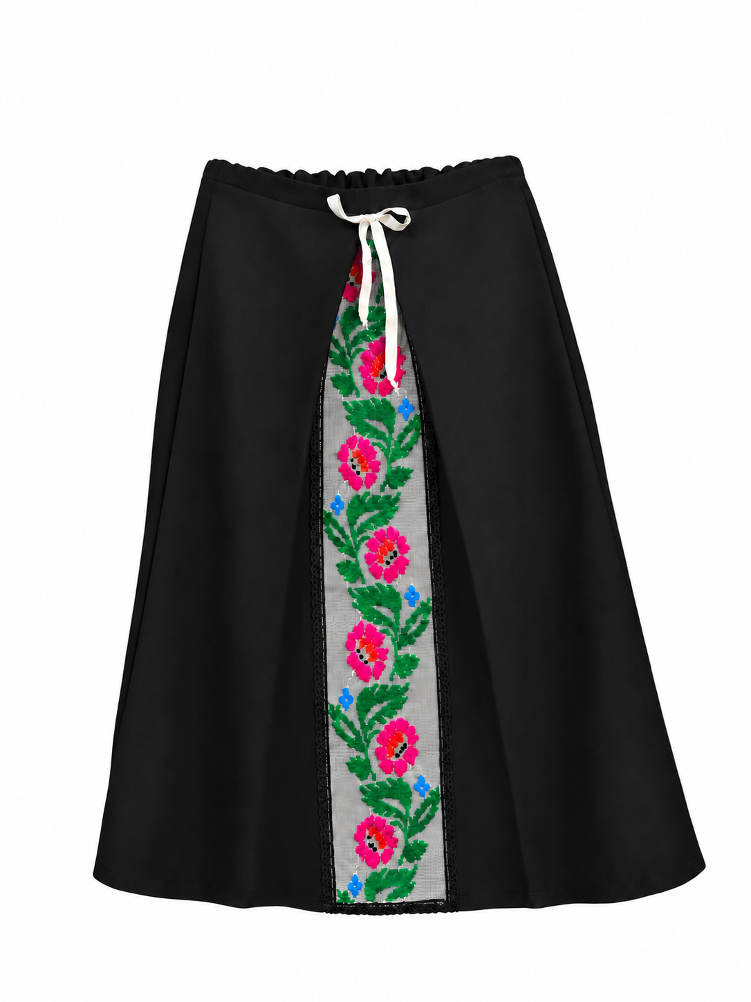 Black wool skirt with vintage Moldovan floral embroidery, front view