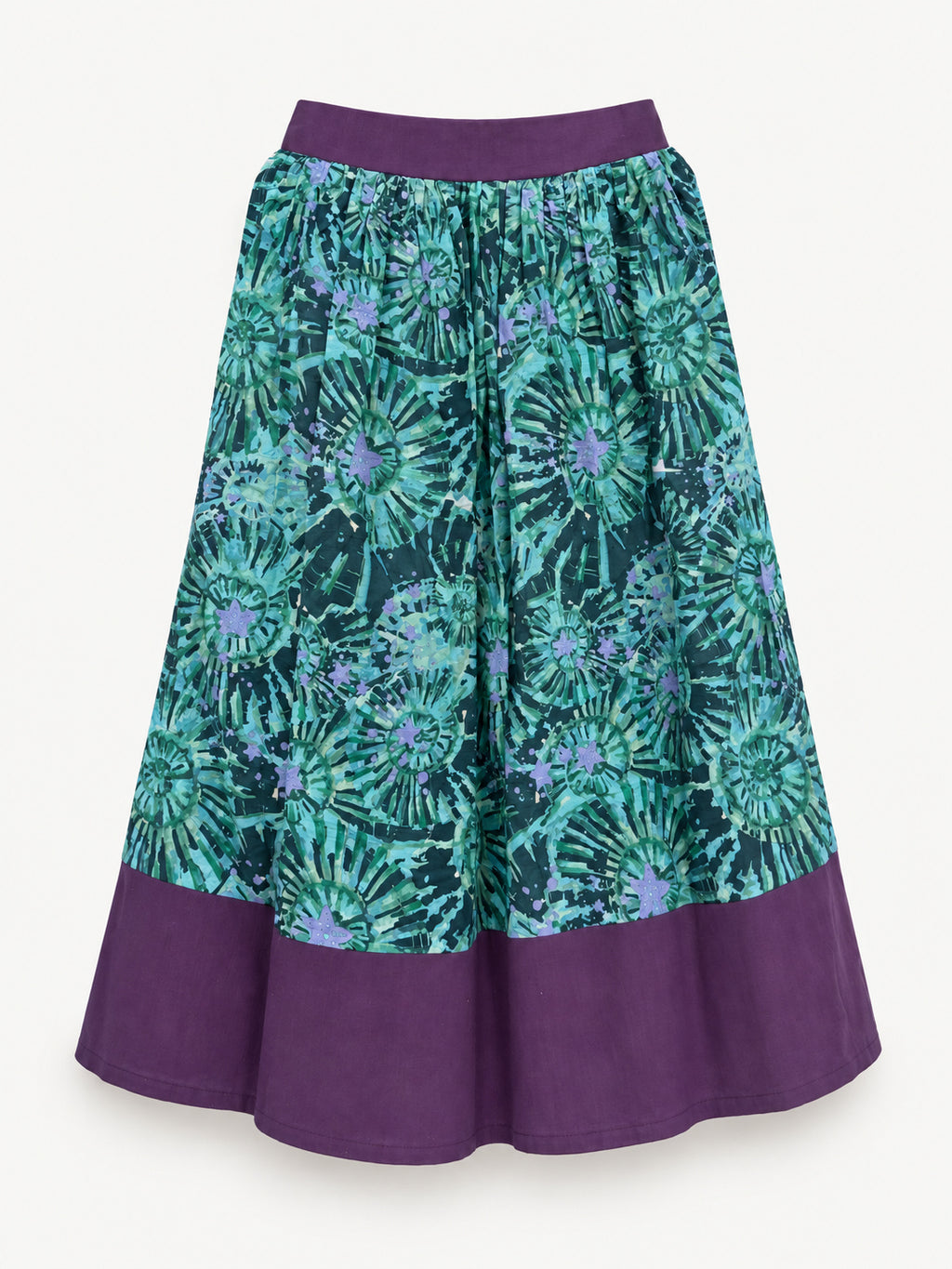 Teal patterned skirt with a purple waistband and wide purple hem