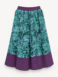 Teal patterned skirt with a purple waistband and wide purple hem