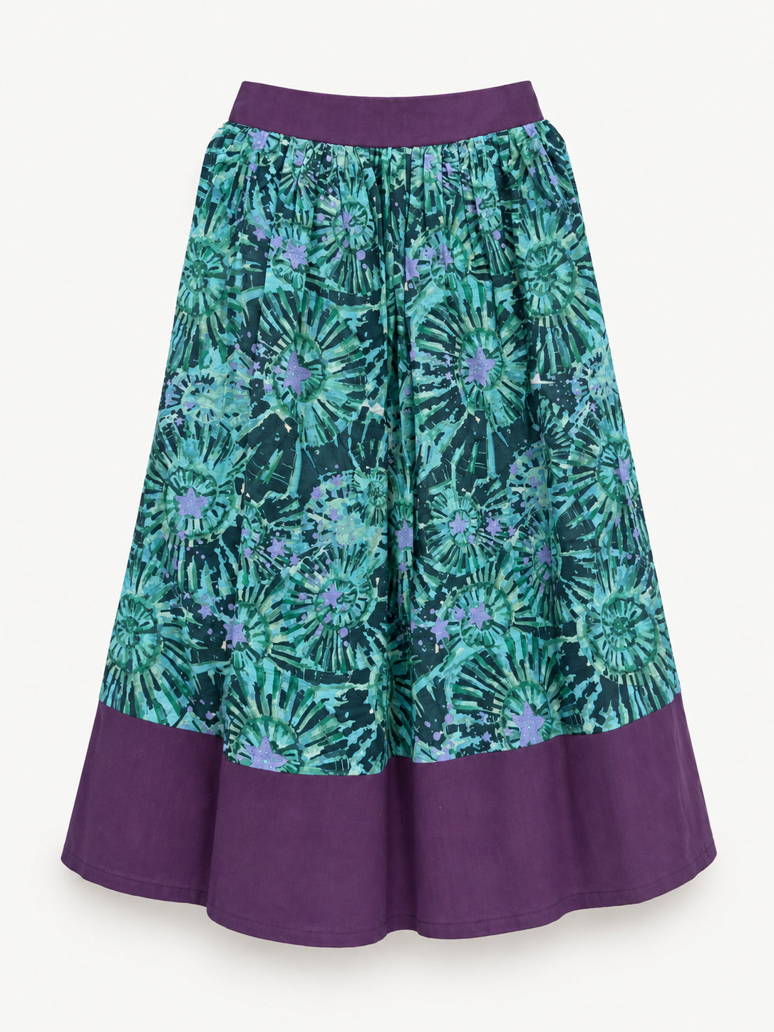 Teal patterned skirt with a purple waistband and wide purple hem