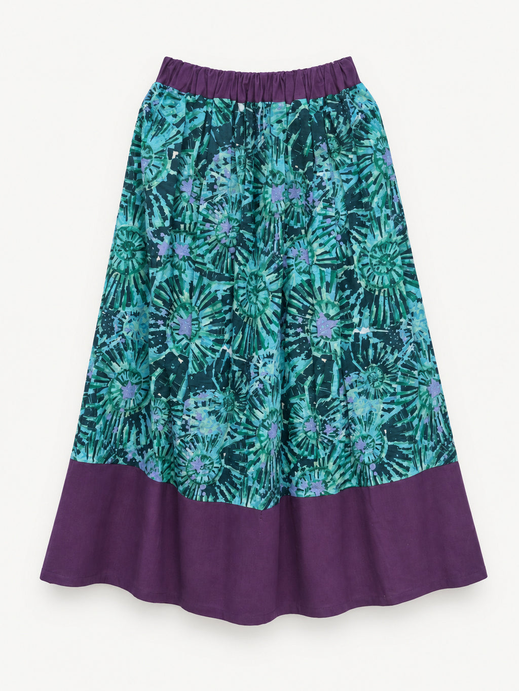 Teal patterned skirt with a purple waistband and wide purple hem