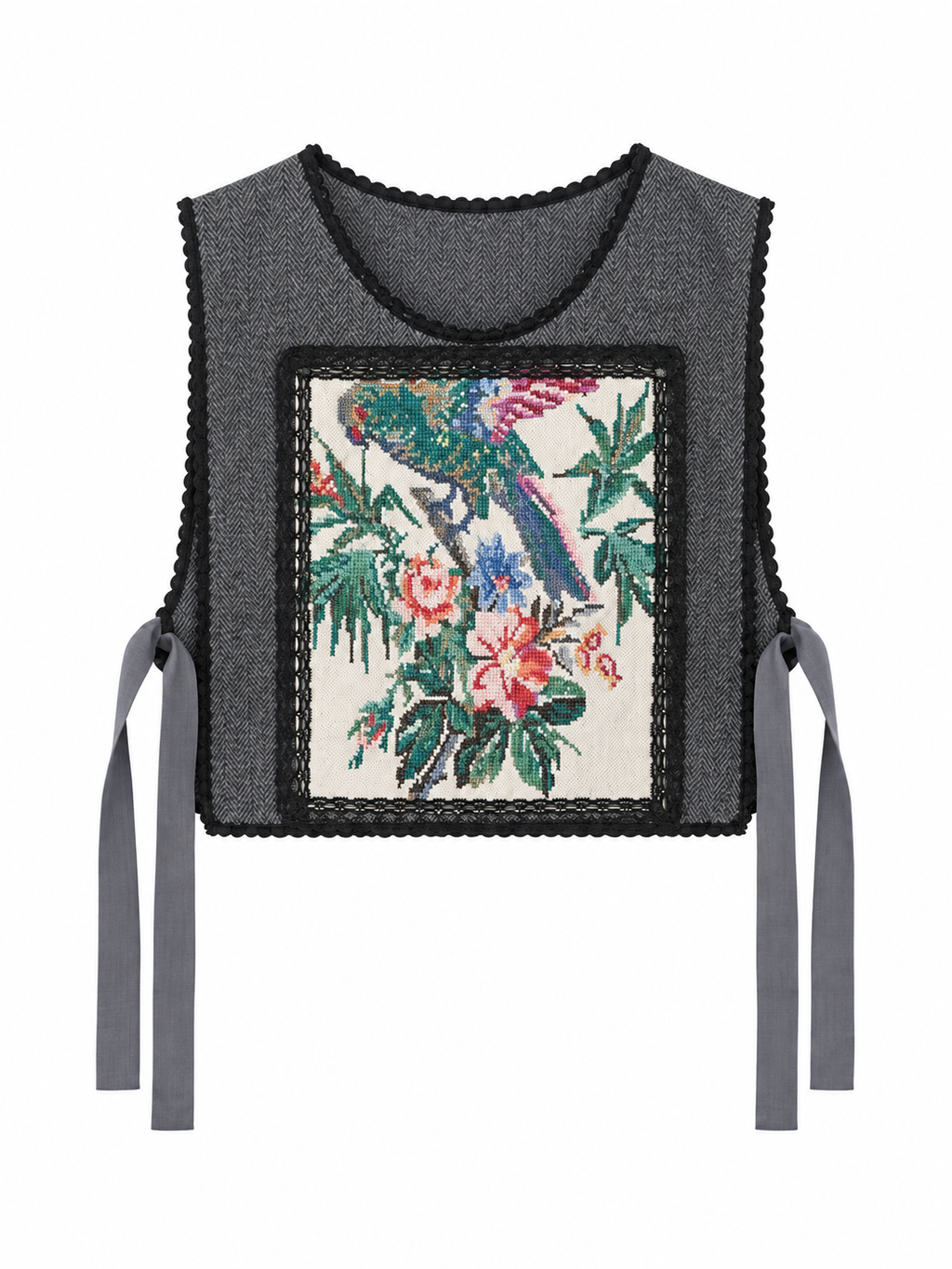 Parrot’s Garden grey herringbone vest — front view with black lace and colourful bird embroidery