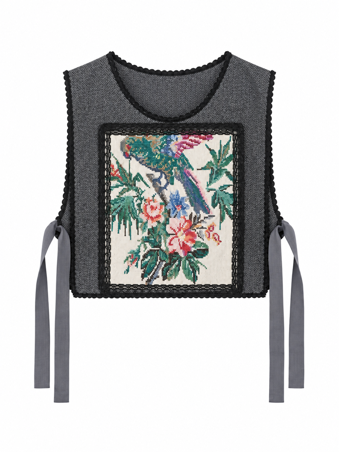 Parrot’s Garden grey herringbone vest — front view with black lace and colourful bird embroidery