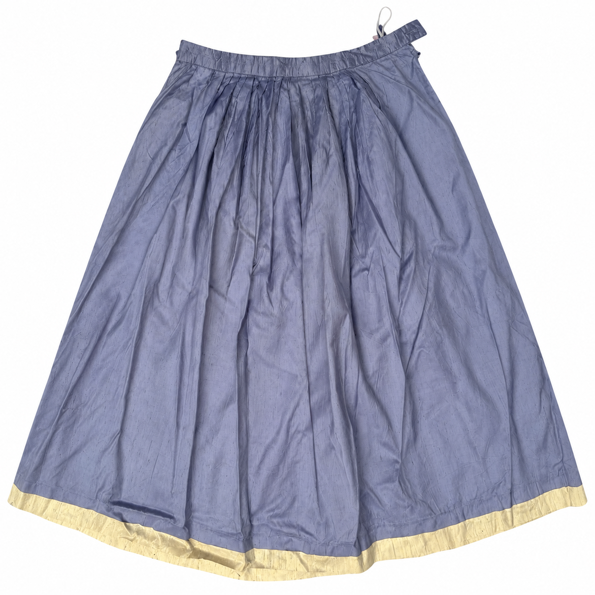 Meico blue-lilac silk skirt with pale yellow hem, full upright view on white