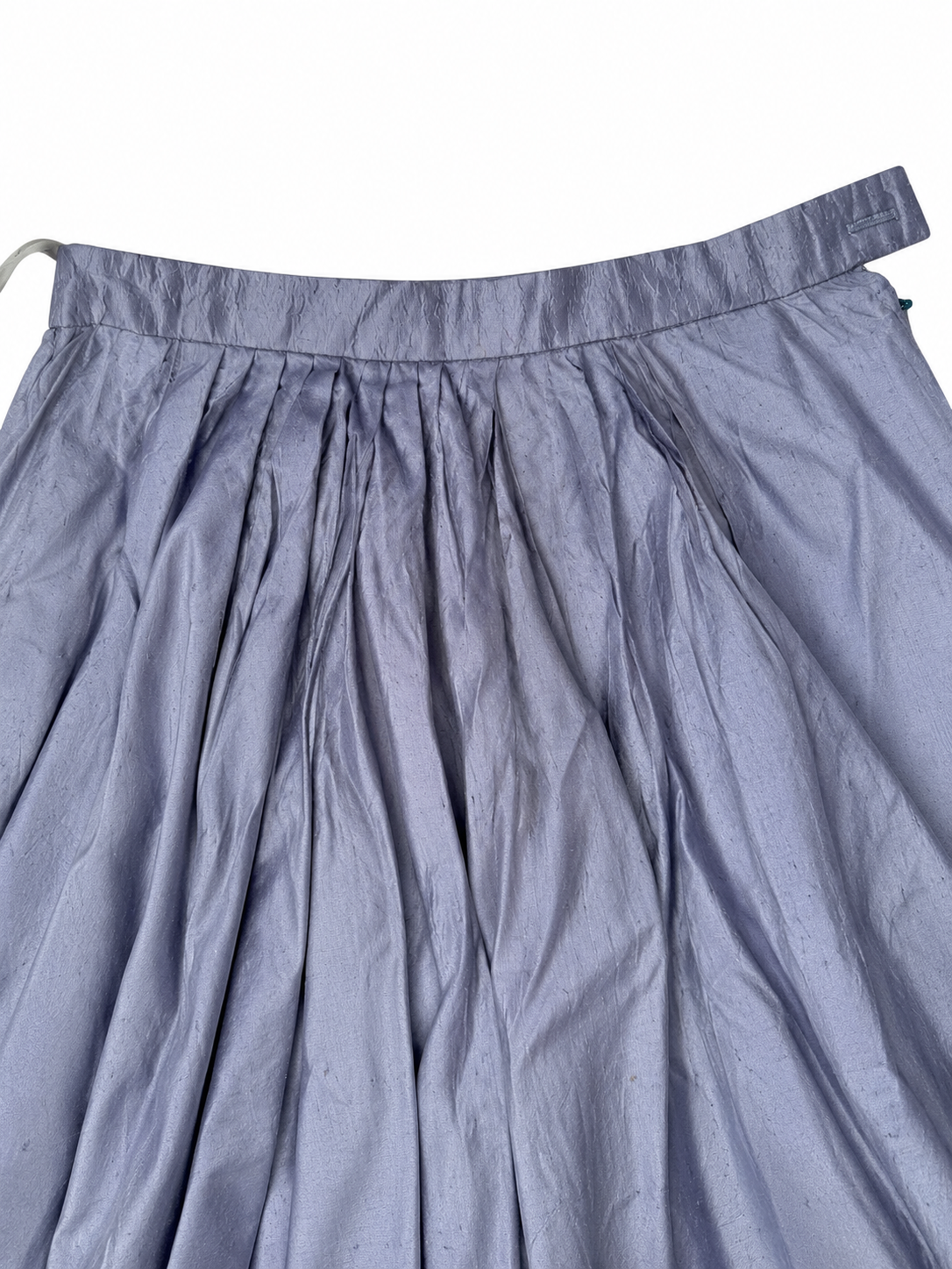 Meico silk skirt waistband and gathered fabric detail on white
