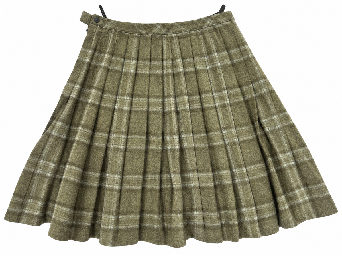 Olive checked pleated skirt reverse on white