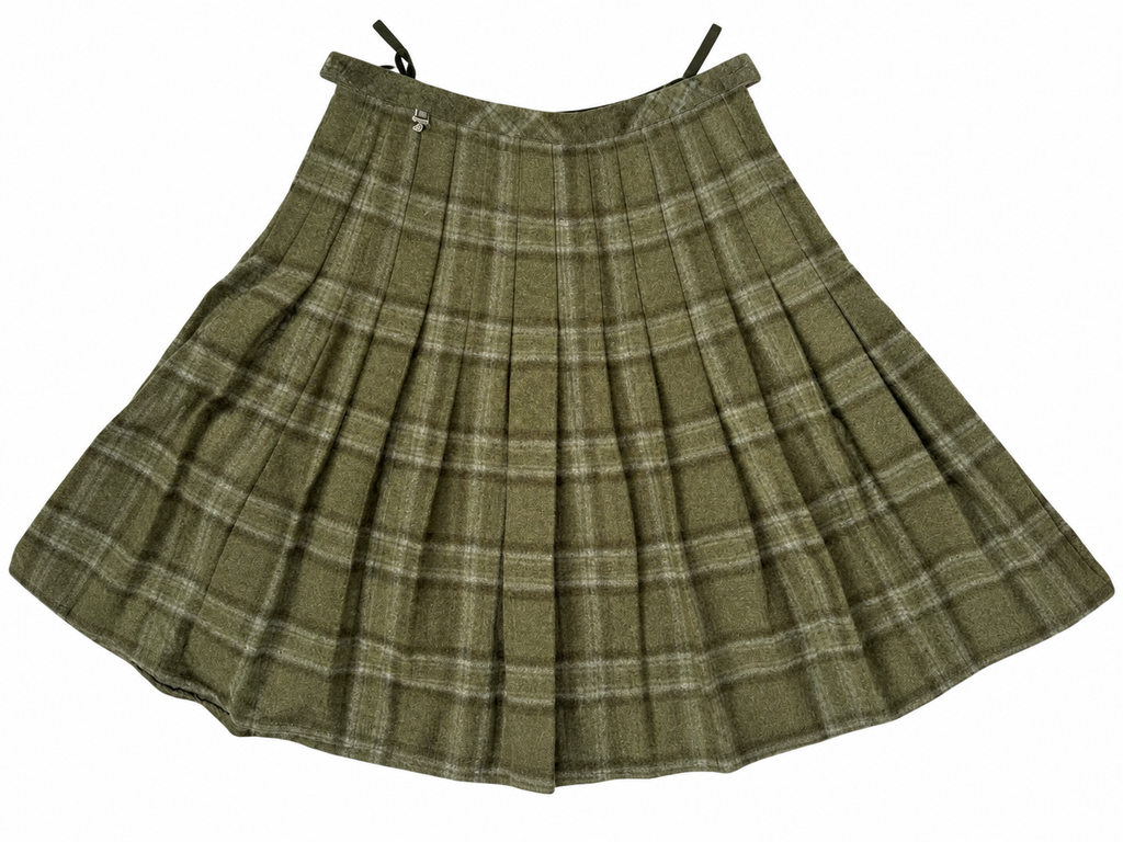 Olive checked pleated skirt front on white