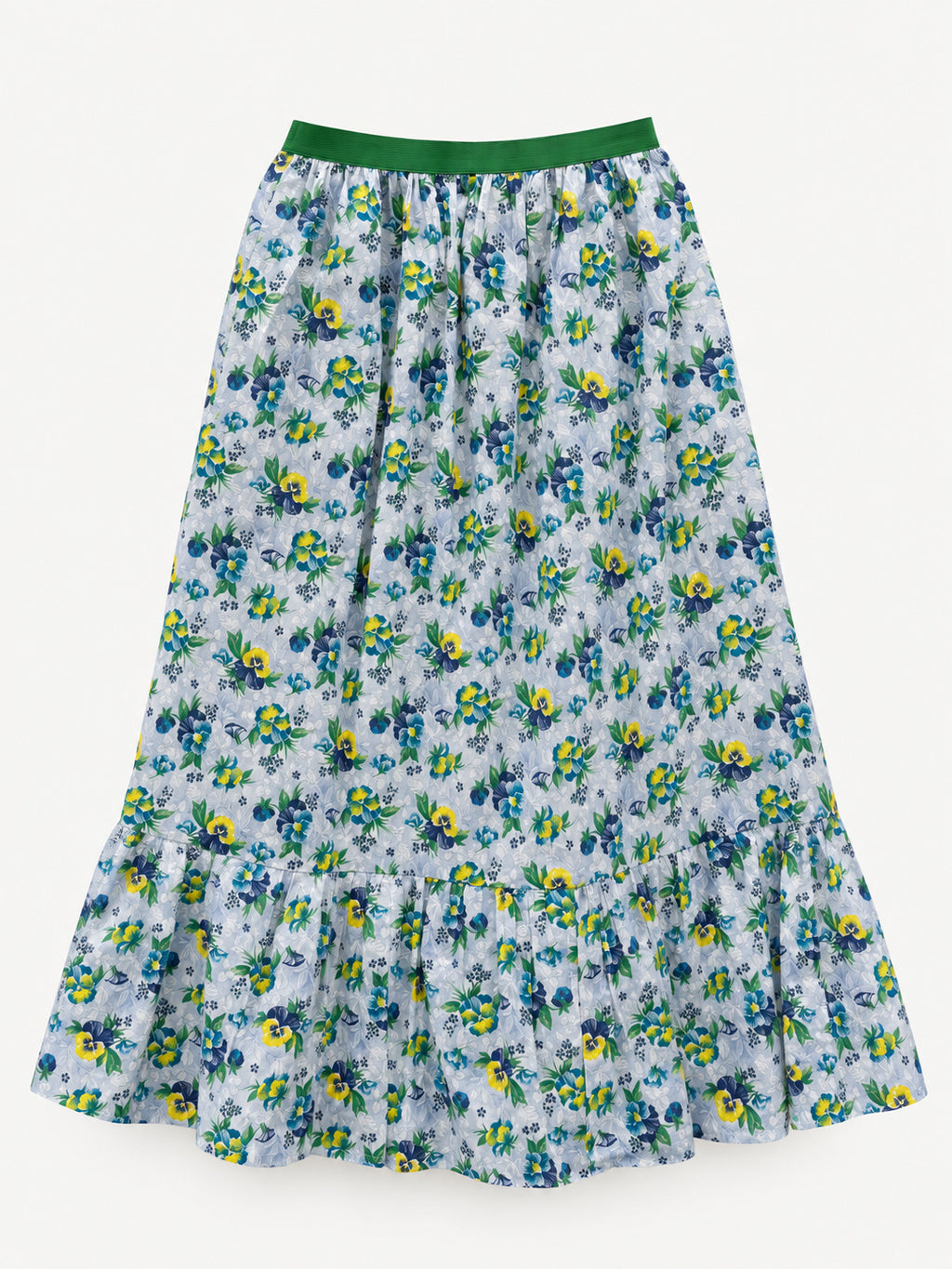 Pale-blue floral summer skirt with yellow and blue pansies, green elastic waistband and gathered lower tier