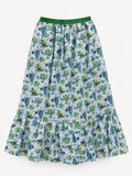 Pale-blue floral summer skirt with yellow and blue pansies, green elastic waistband and gathered lower tier
