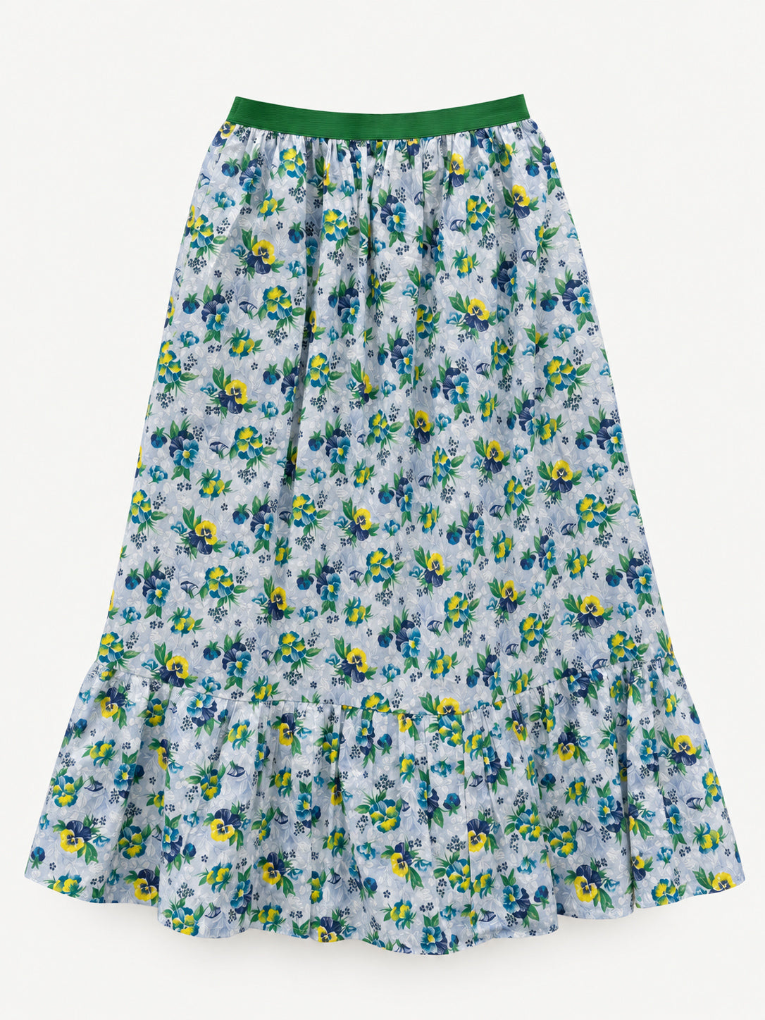 Pale-blue floral summer skirt with yellow and blue pansies, green elastic waistband and gathered lower tier