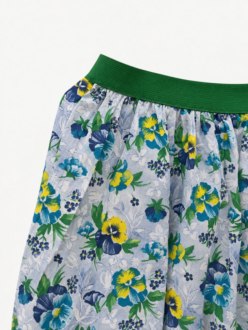 Pale-blue floral summer skirt with yellow and blue pansies, green elastic waistband and gathered lower tier