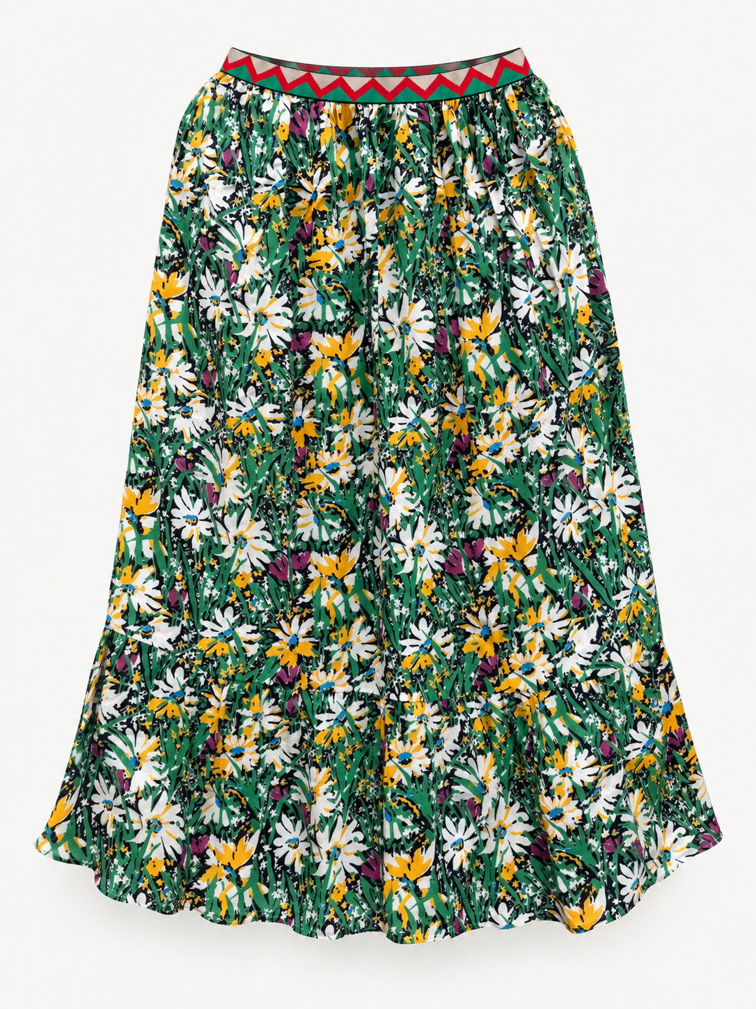Long floral skirt with white and yellow flowers, a gathered lower tier and red-green zigzag elastic waistband