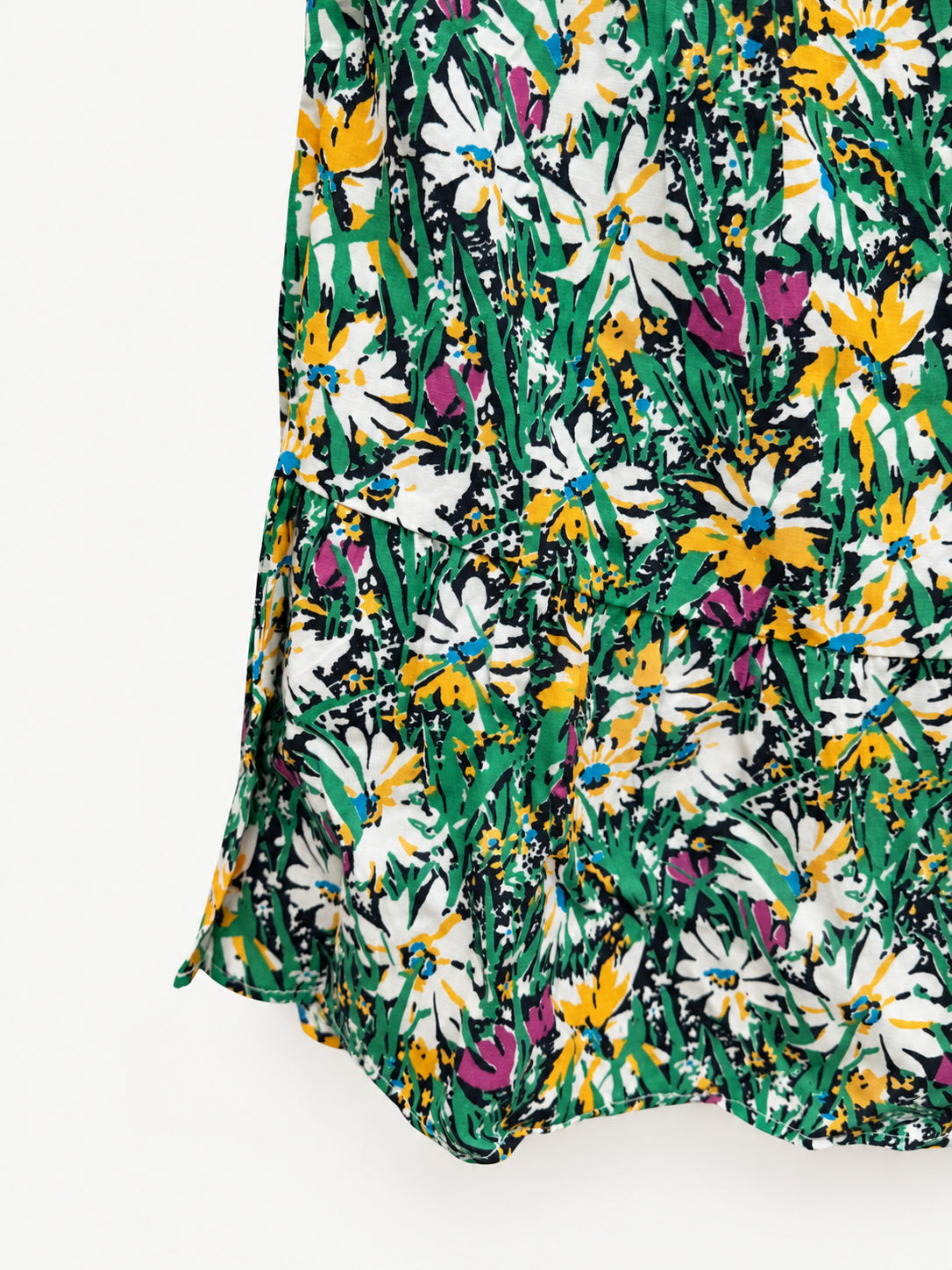 Long floral skirt with white and yellow flowers, a gathered lower tier and red-green zigzag elastic waistband