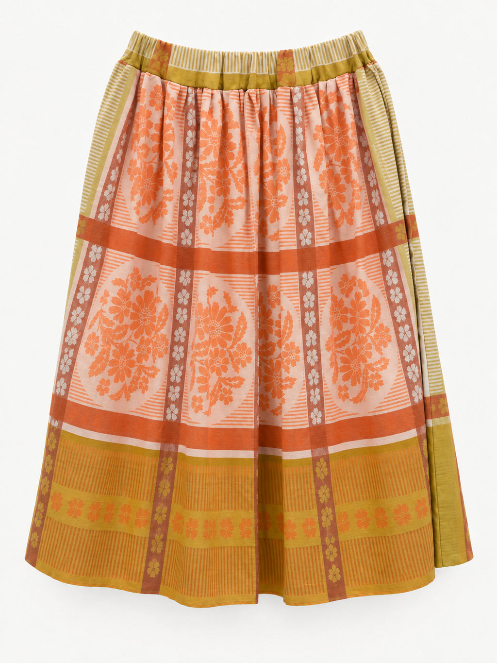 Full view of orange floral tablecloth skirt with mustard-yellow borders
