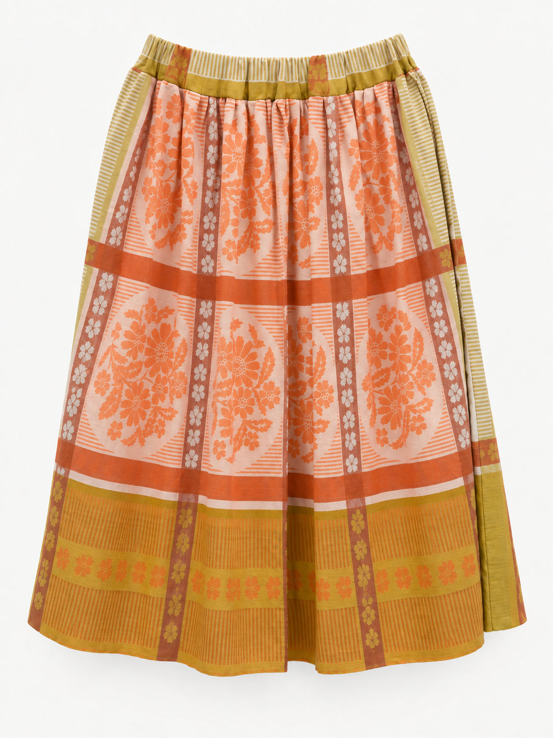Full view of orange floral tablecloth skirt with mustard-yellow borders