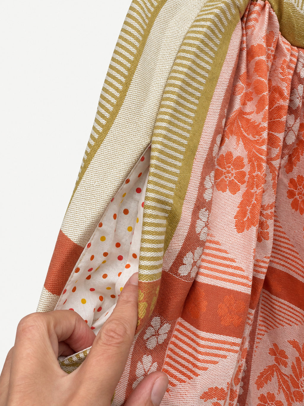 Detail of side pocket with colourful polka-dot lining