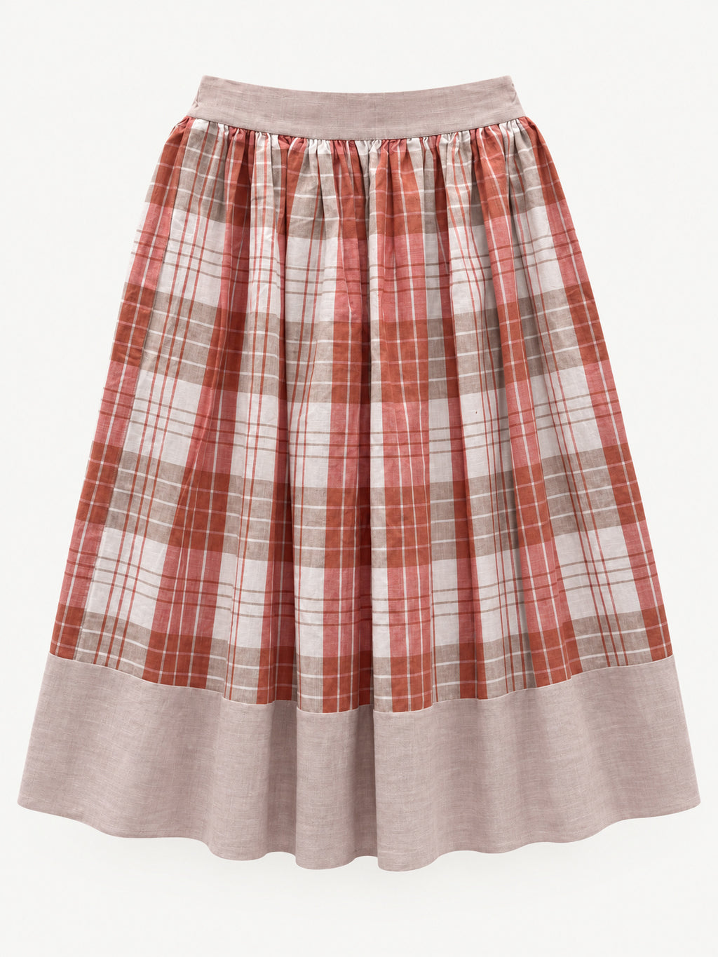 Terracotta-pink and cream checked skirt with pale-pink waistband and wide hem