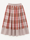 Terracotta-pink and cream checked skirt with pale-pink waistband and wide hem