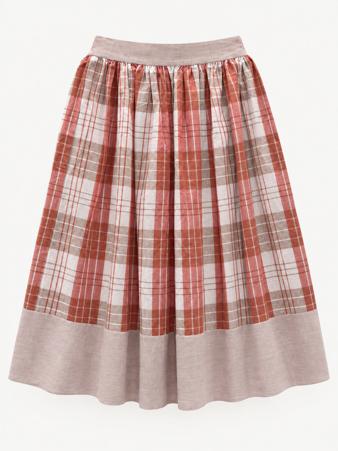 Terracotta-pink and cream checked skirt with pale-pink waistband and wide hem