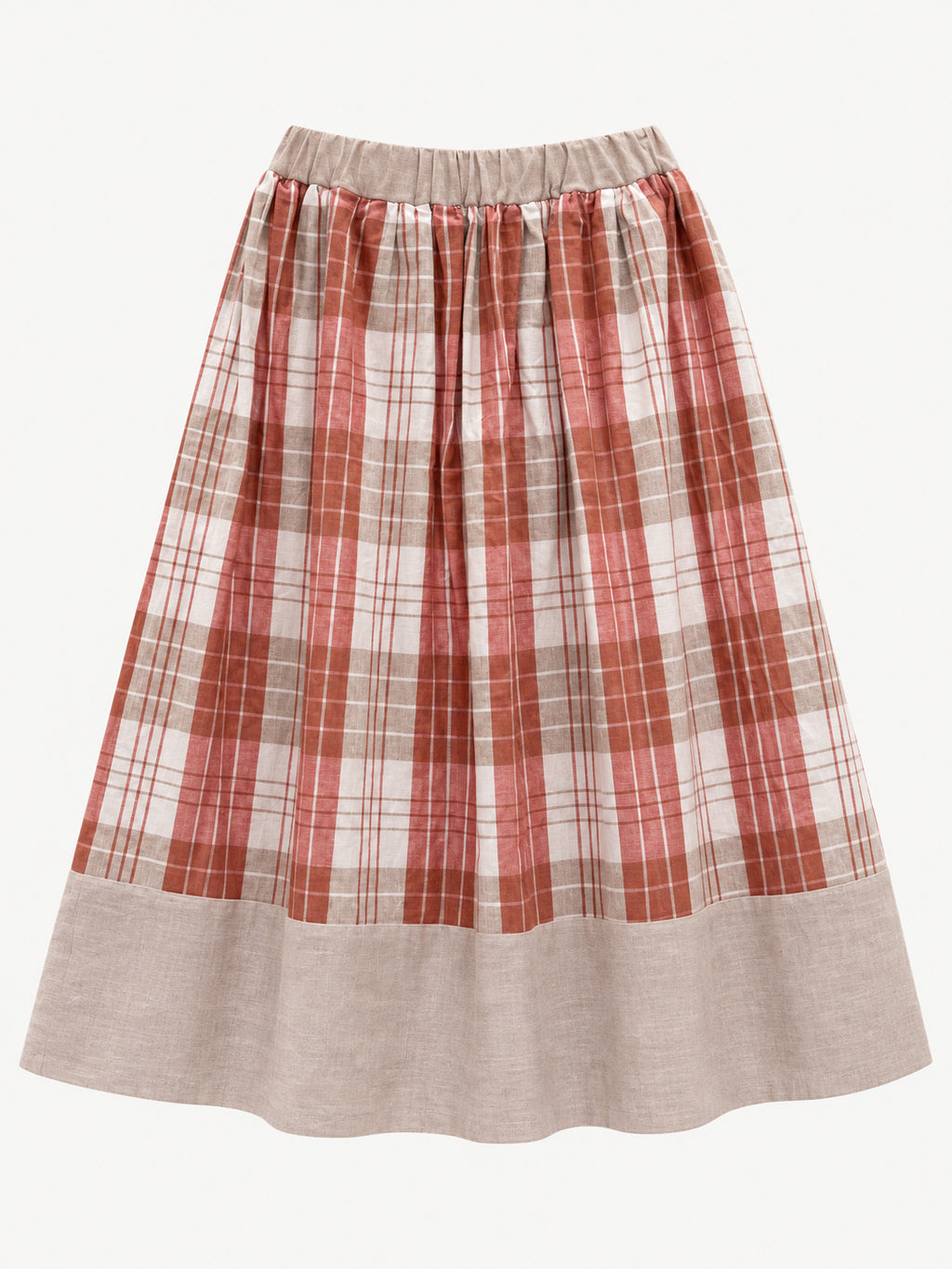 Terracotta-pink and cream checked skirt with pale-pink waistband and wide hem