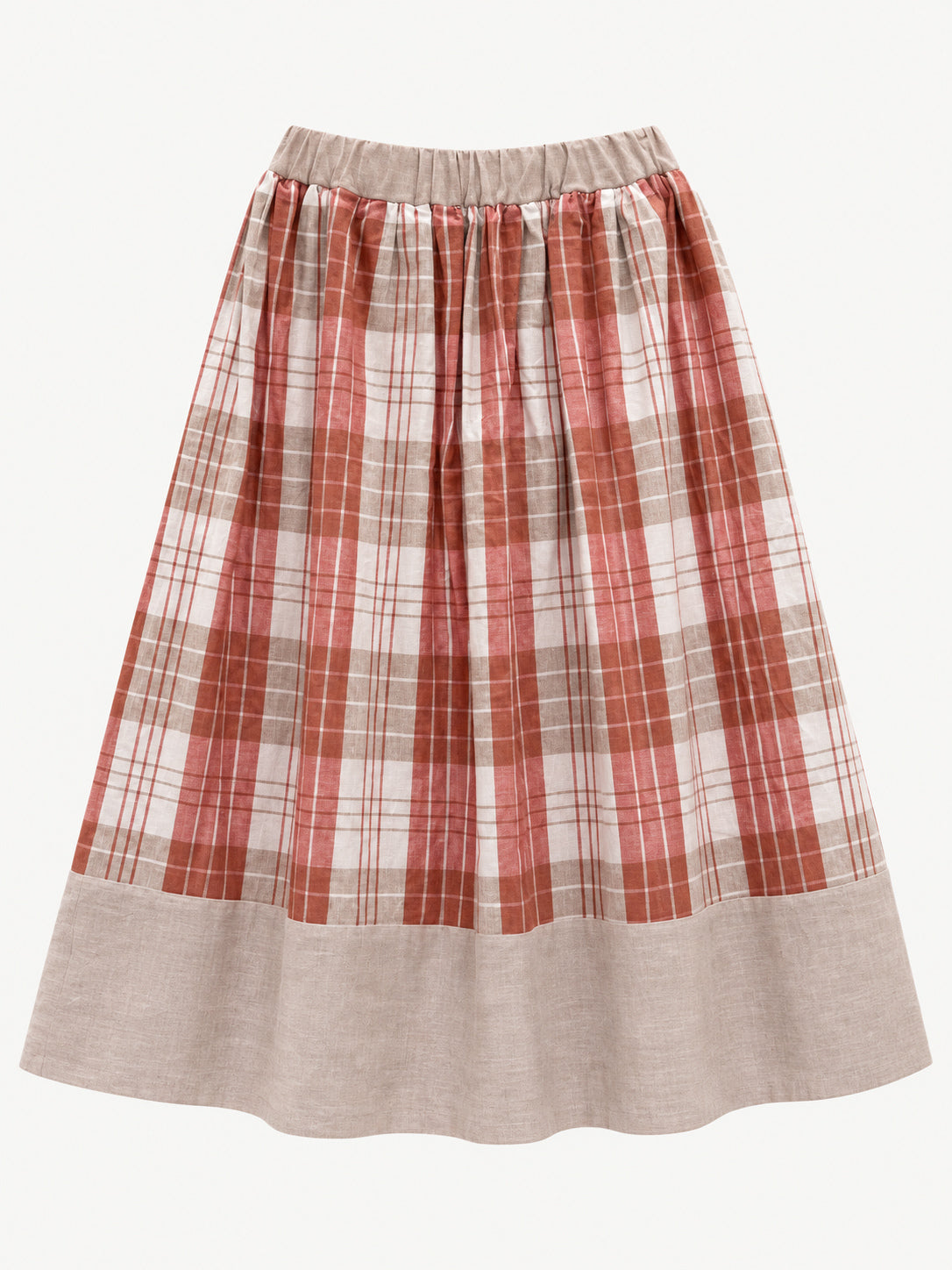Terracotta-pink and cream checked skirt with pale-pink waistband and wide hem