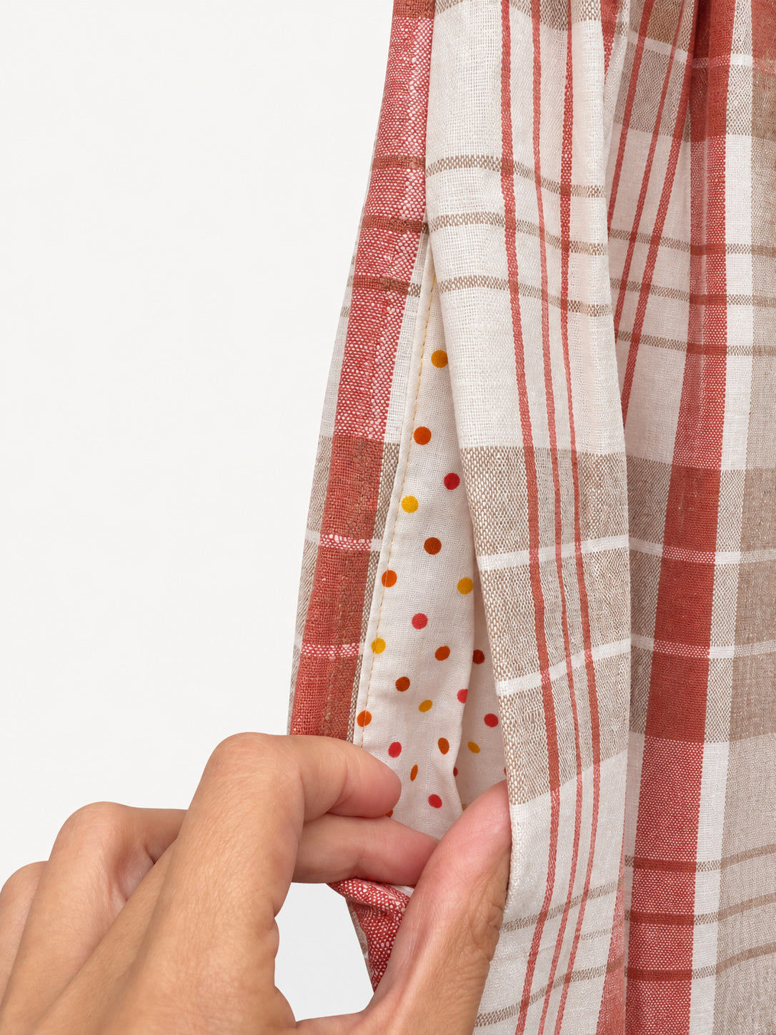 Terracotta-pink and cream checked skirt with pale-pink waistband and wide hem