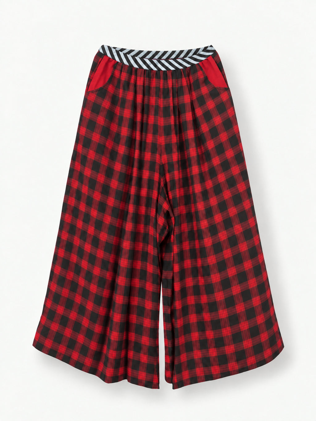 The Rebel Trousers — wide red-and-black checked legs, striped waistband and red pockets