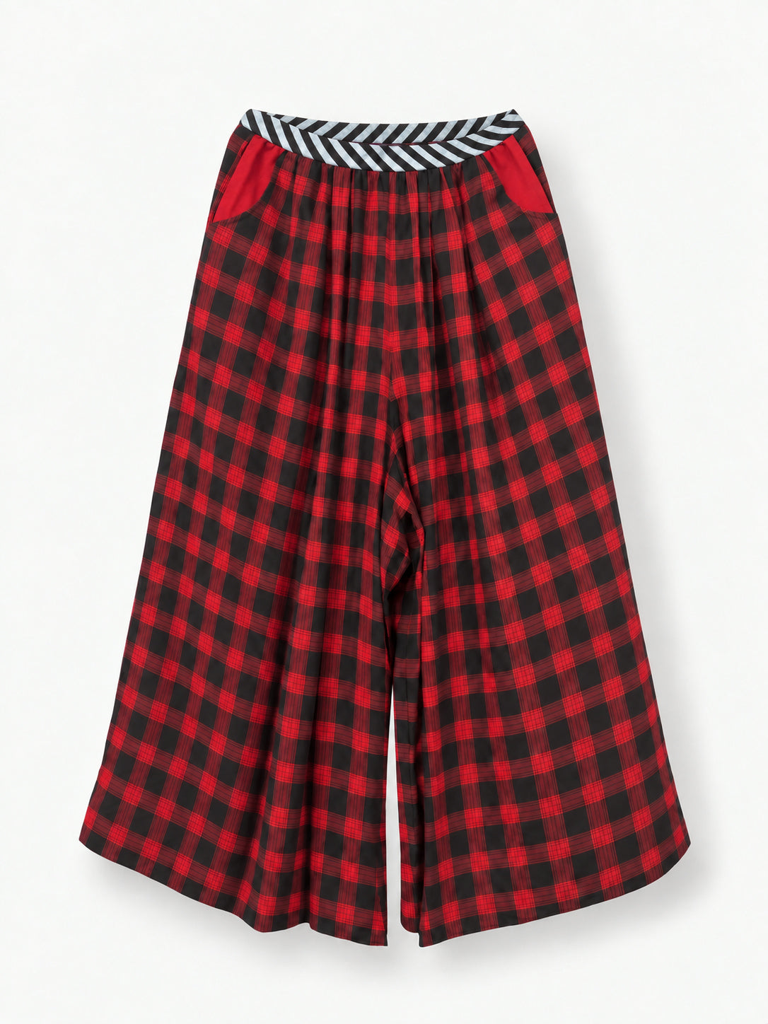The Rebel Trousers — wide red-and-black checked legs, striped waistband and red pockets