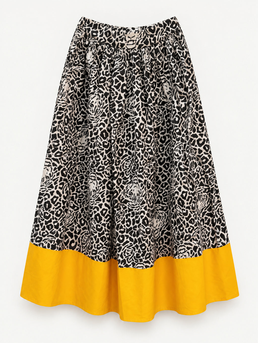 Black-and-cream leopard-print skirt with a wide yellow hem