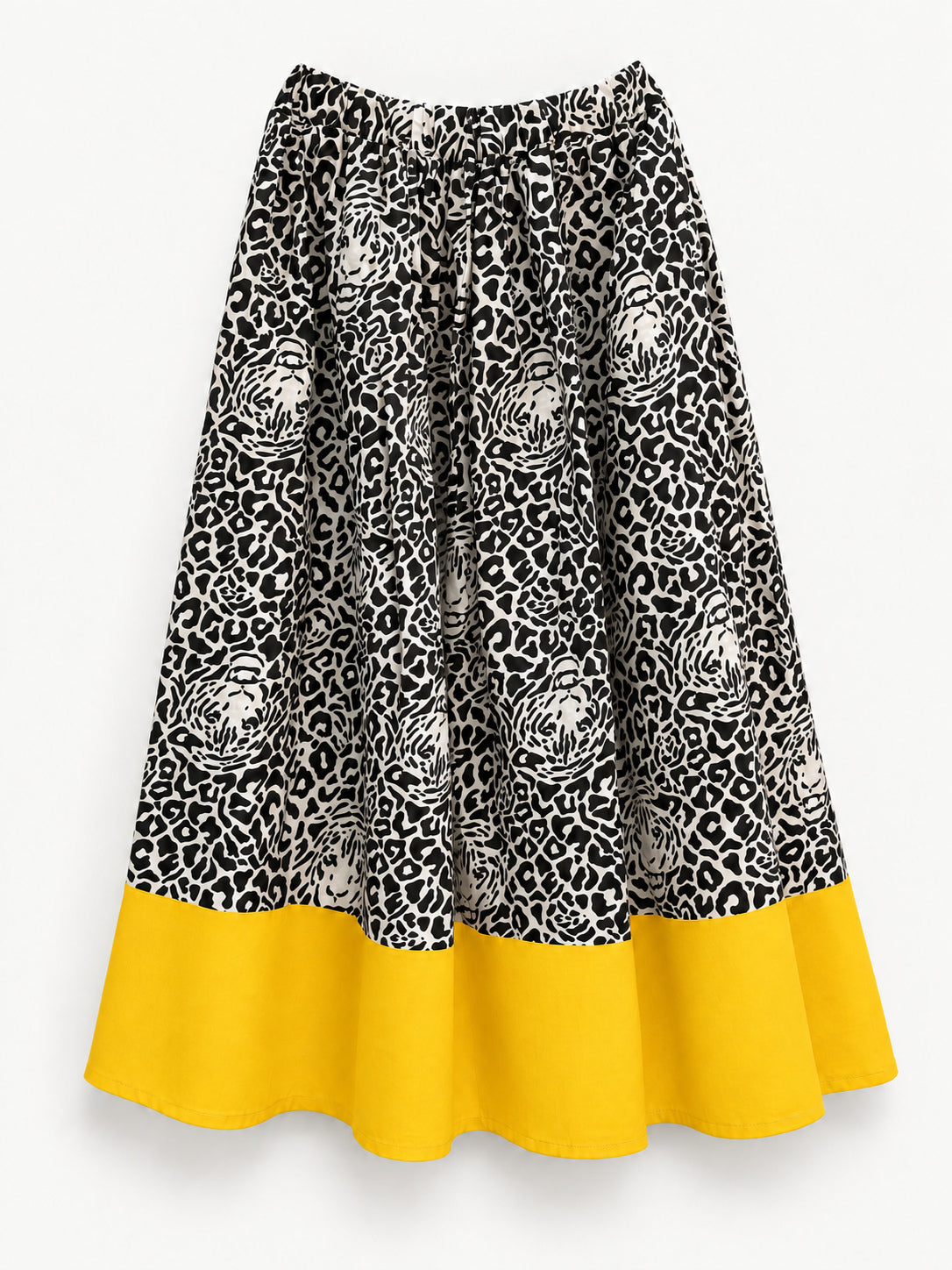 Black-and-cream leopard-print skirt with a wide yellow hem