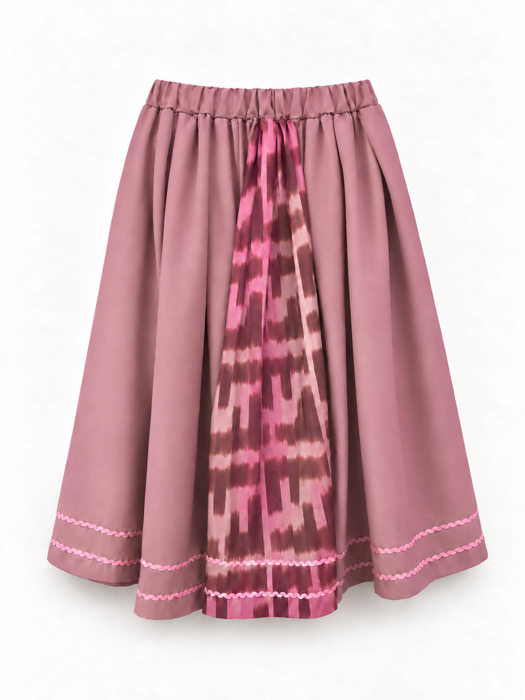 Dusty-pink skirt with Uzbek ikat panel and pink trim