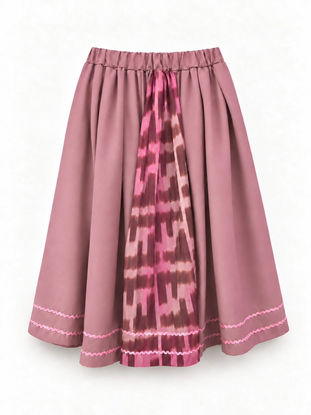 Dusty-pink skirt with Uzbek ikat panel and pink trim