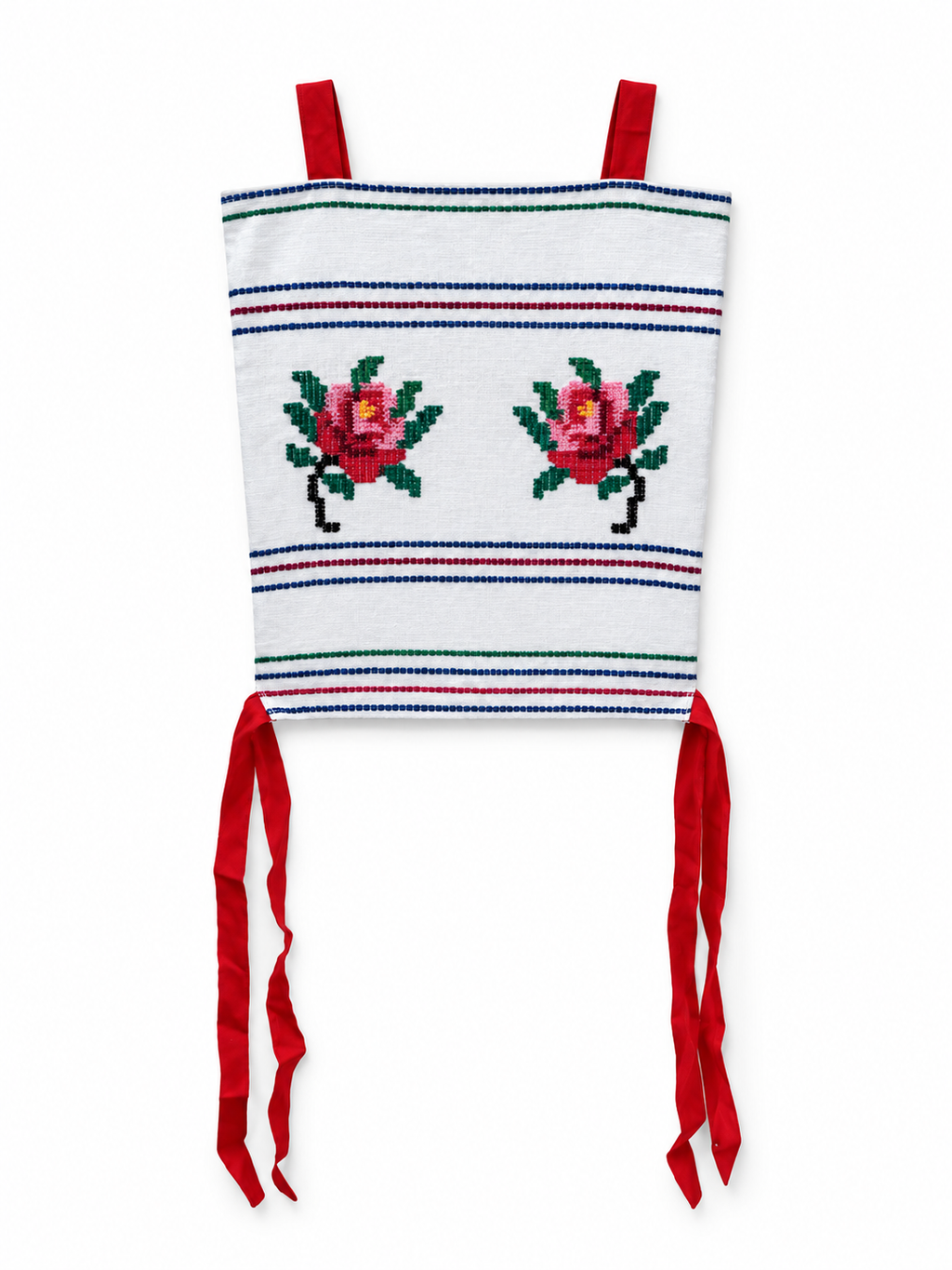 White top with two embroidered roses, coloured stitched stripes and red straps and ribbons
