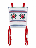 White top with two embroidered roses, coloured stitched stripes and red straps and ribbons