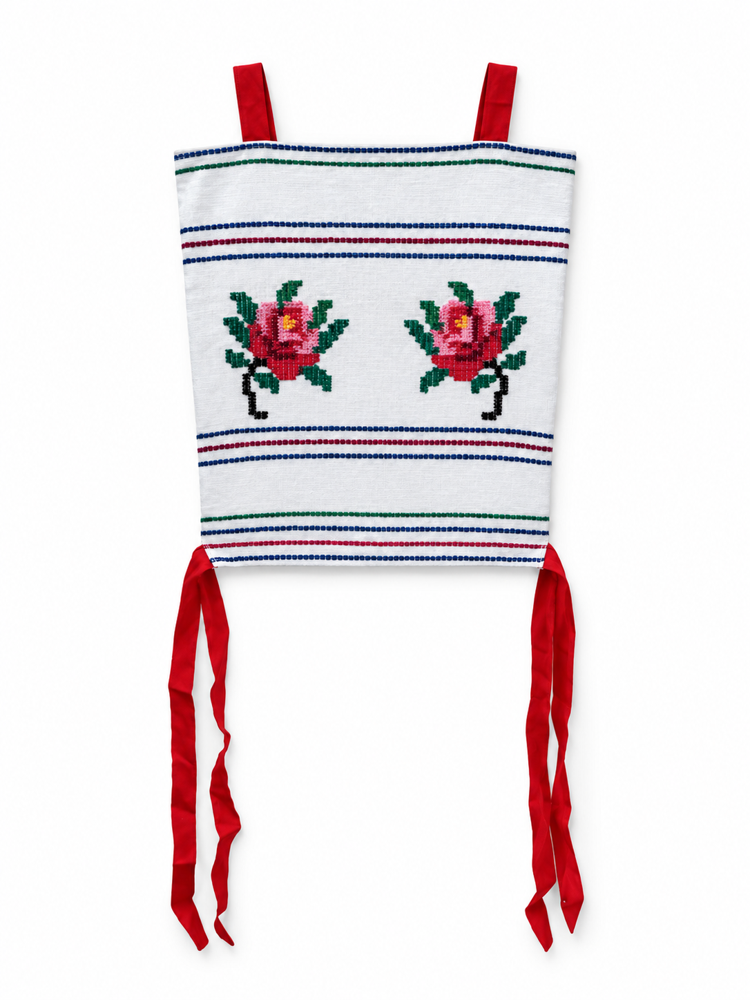 White top with two embroidered roses, coloured stitched stripes and red straps and ribbons